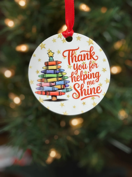 Teacher Christmas ornament with colorful crayon tree and thank you for helping me shine message; teacher's aid gift
