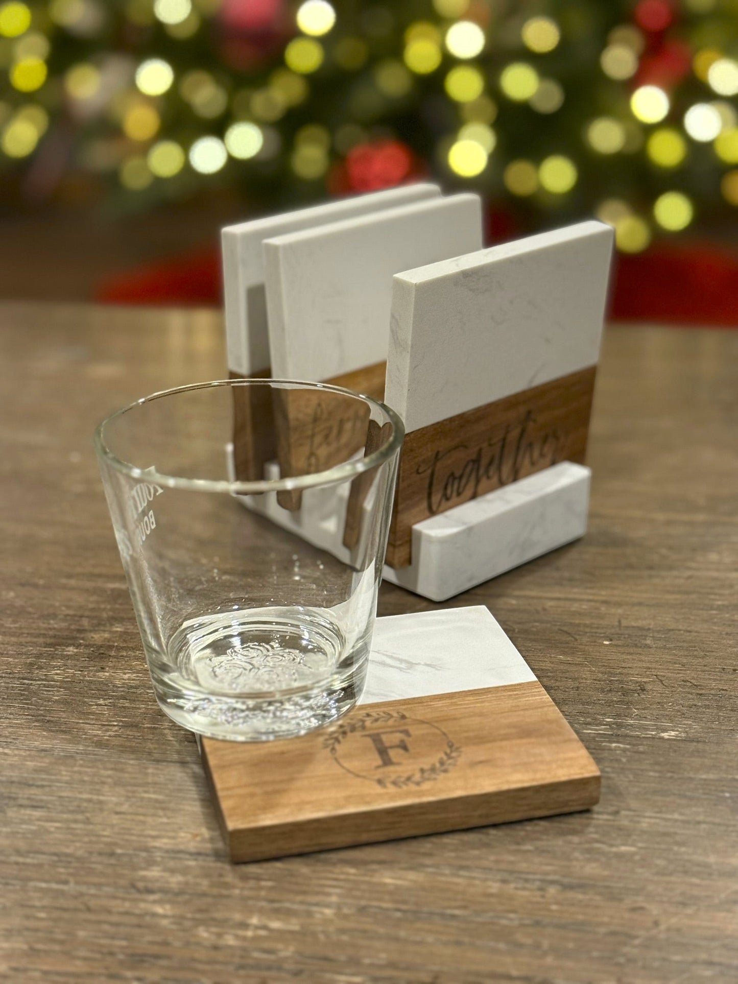 The Creative Nook personalized marble and acacia wood coaster set with display base and engraved monogram
