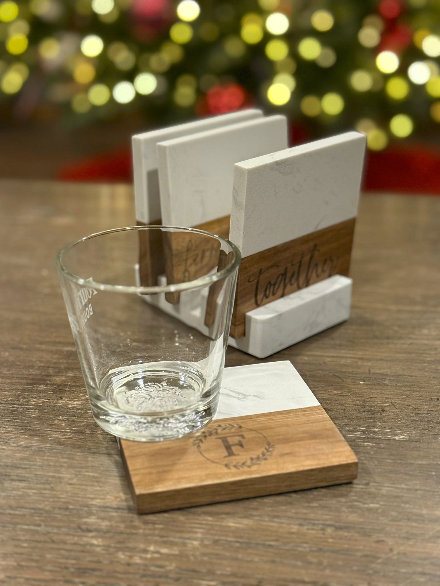 The Creative Nook personalized marble and acacia wood coaster set with display base and engraved monogram