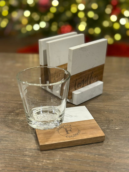 The Creative Nook personalized marble and acacia wood coaster set with display base and engraved monogram