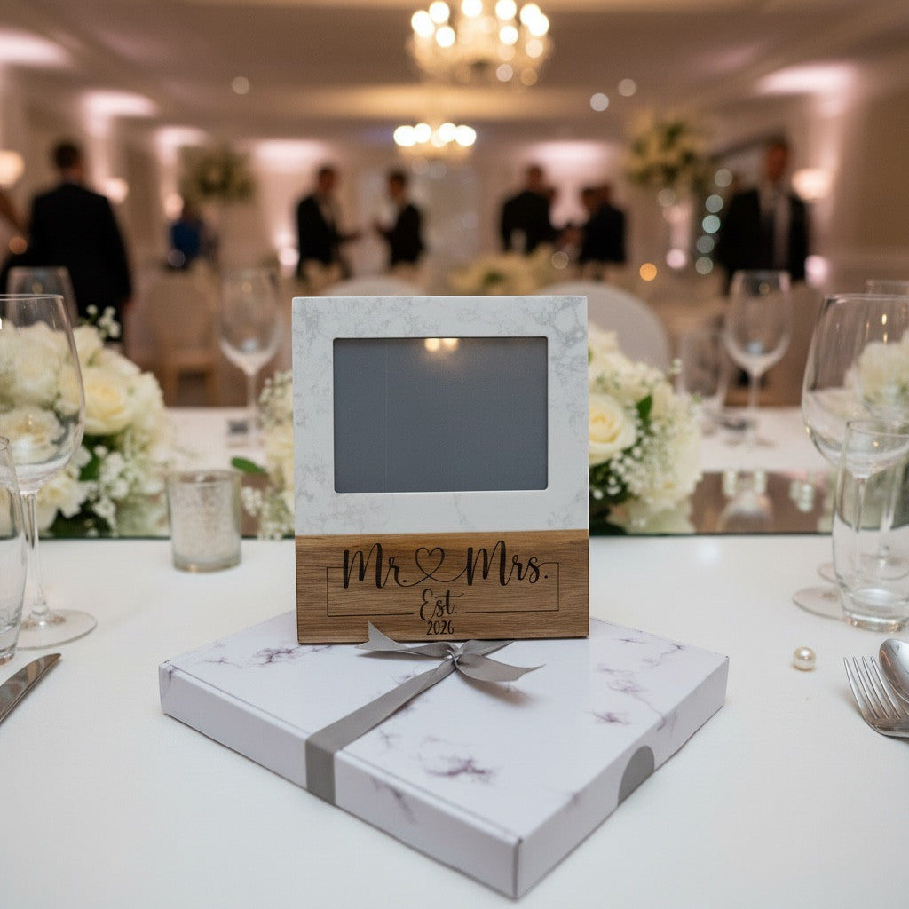 The Creative Nook personalized marble and wood Mr & Mrs wedding photo frame on a table at a reception.