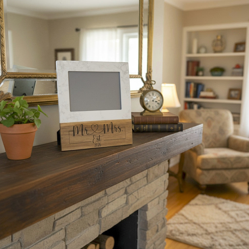 The Creative Nook personalized Mr & Mrs marble and wood photo frame displayed on a rustic fireplace mantel.