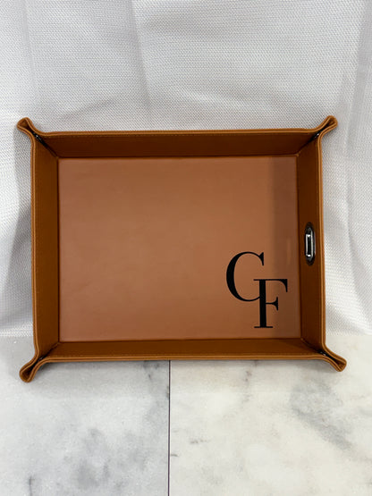 eatherette valet tray engraved with a personalized design, showing spacious storage for keys, wallet, phone, and accessories